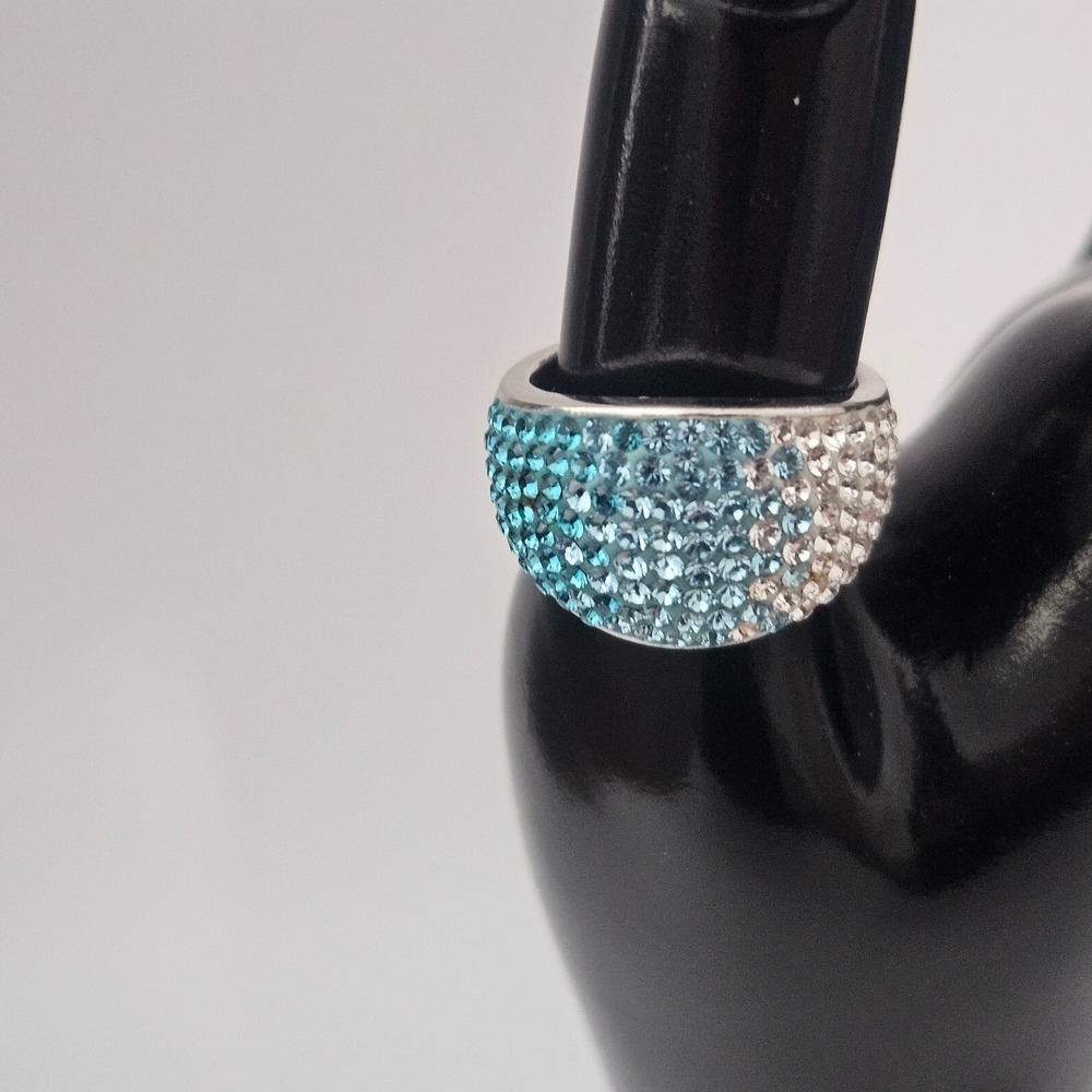 Sterling Silver Blue White Crystal Domed Cocktail Ring sz 8